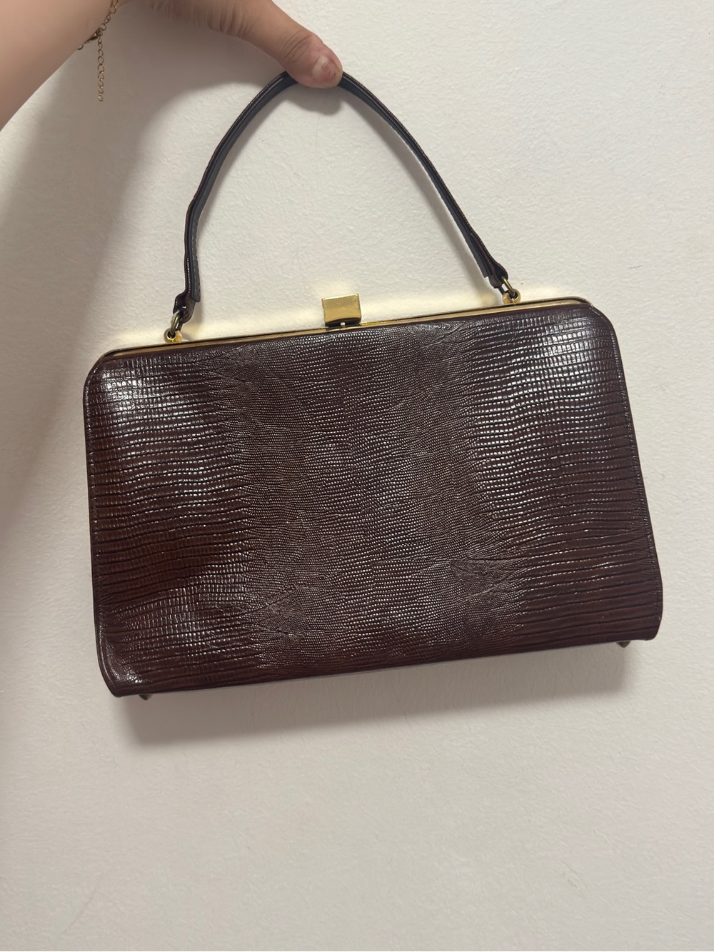 Vintage Brown Lizard Embossed Structured Top Handle Frame Handbag Gold Tone - Picture 4 of 16